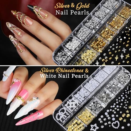 Teentior Nail Charms & Nail Stickers with Gems Kit – 8 Boxes of Gold Rhinestones, Pearls & 3D Nail Art Decorations for Women - görsel 16