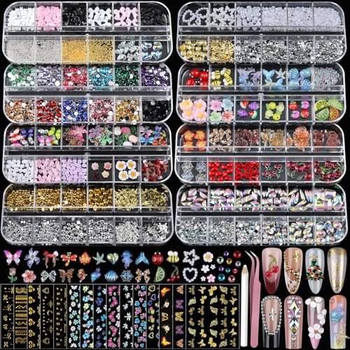 Teentior Nail Charms & Nail Stickers with Gems Kit – 8 Boxes of Gold Rhinestones, Pearls & 3D Nail Art Decorations for Women - görsel 2