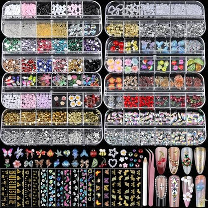 Teentior Nail Charms & Nail Stickers with Gems Kit – 8 Boxes of Gold Rhinestones, Pearls & 3D Nail Art Decorations for Women