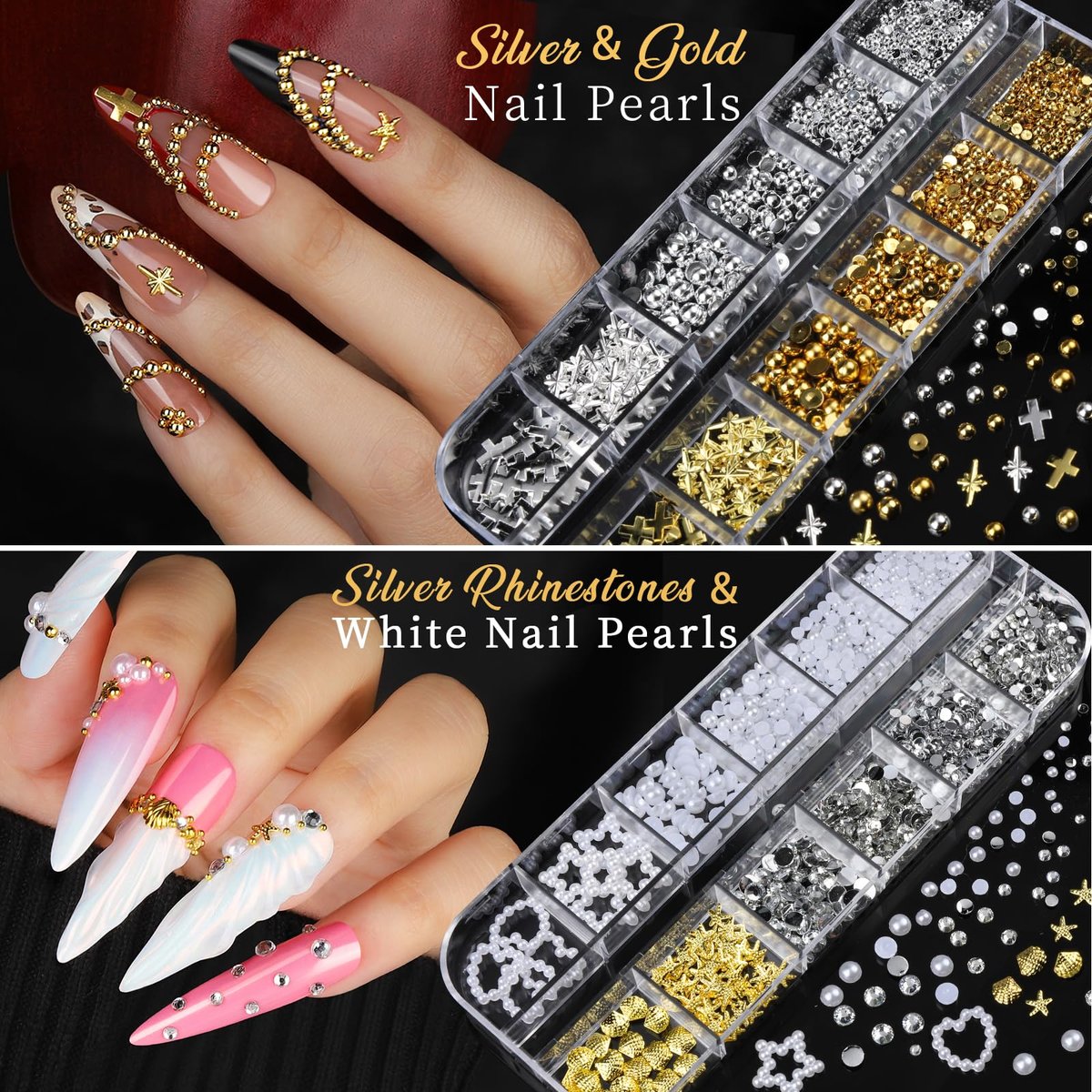 Teentior Nail Charms & Nail Stickers with Gems Kit – 8 Boxes of Gold Rhinestones, Pearls & 3D Nail Art Decorations for Women - görsel 15