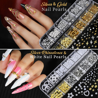 Teentior Nail Charms & Nail Stickers with Gems Kit – 8 Boxes of Gold Rhinestones, Pearls & 3D Nail Art Decorations for Women