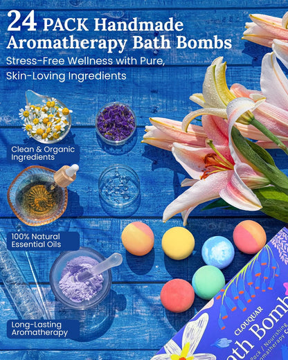 Hemp Oil Bath Bombs Women Gift Set, 24 Pack Natural Bubble Bath Spa Kit with Pure Essential Oils, Refreshing & Relaxing Bath Gift for Birthday, Mother’s Day & Valentine’s Day Avelisse
