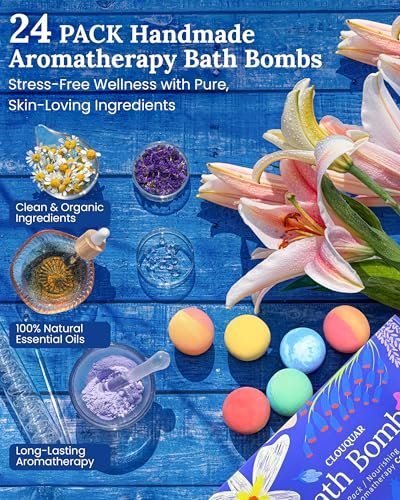 Hemp Oil Bath Bombs Women Gift Set, 24 Pack Natural Bubble Bath Spa Kit with Pure Essential Oils, Refreshing & Relaxing Bath Gift for Birthday, Mother’s Day & Valentine’s Day Avelisse
