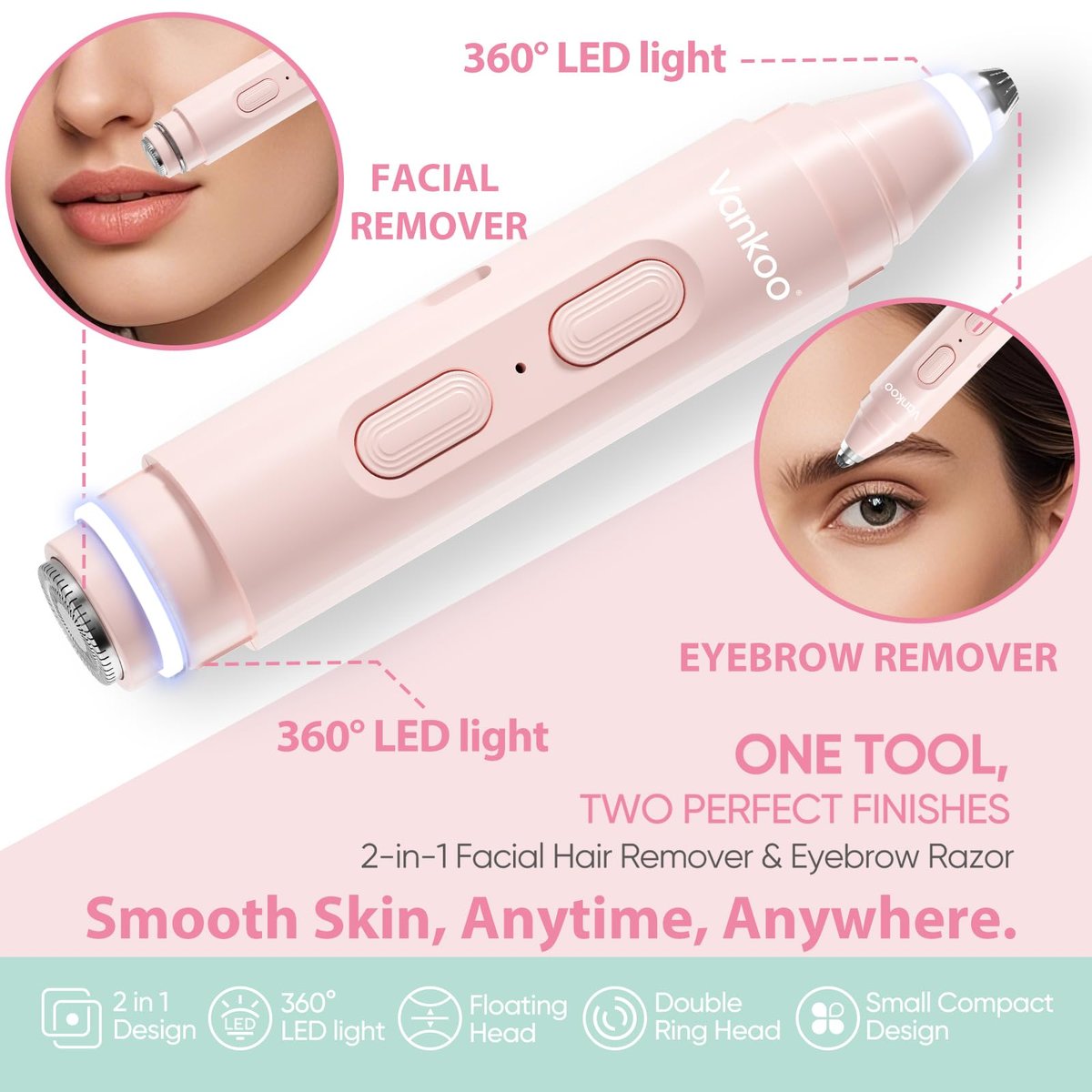 Vankoo 2-in-1 Facial Hair Remover & Eyebrow Trimmer for Women – Rechargeable Face Razor with LED Light, Painless Hair Removal for Flawless Skin & Makeup (Pink) - görsel 3
