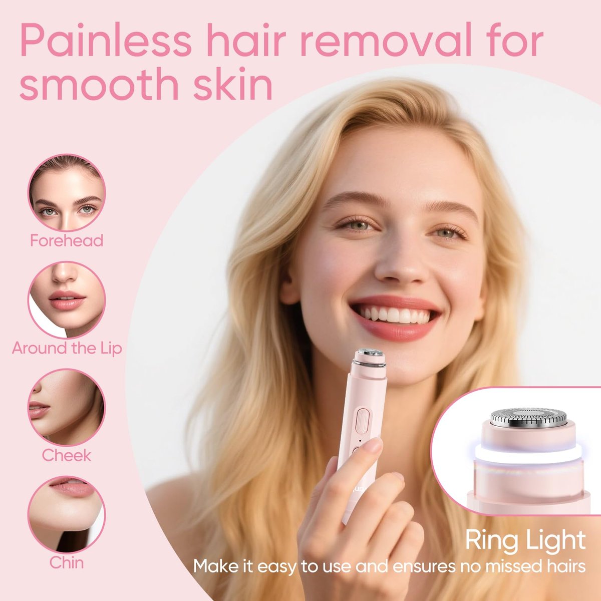 Vankoo 2-in-1 Facial Hair Remover & Eyebrow Trimmer for Women – Rechargeable Face Razor with LED Light, Painless Hair Removal for Flawless Skin & Makeup (Pink) - görsel 5