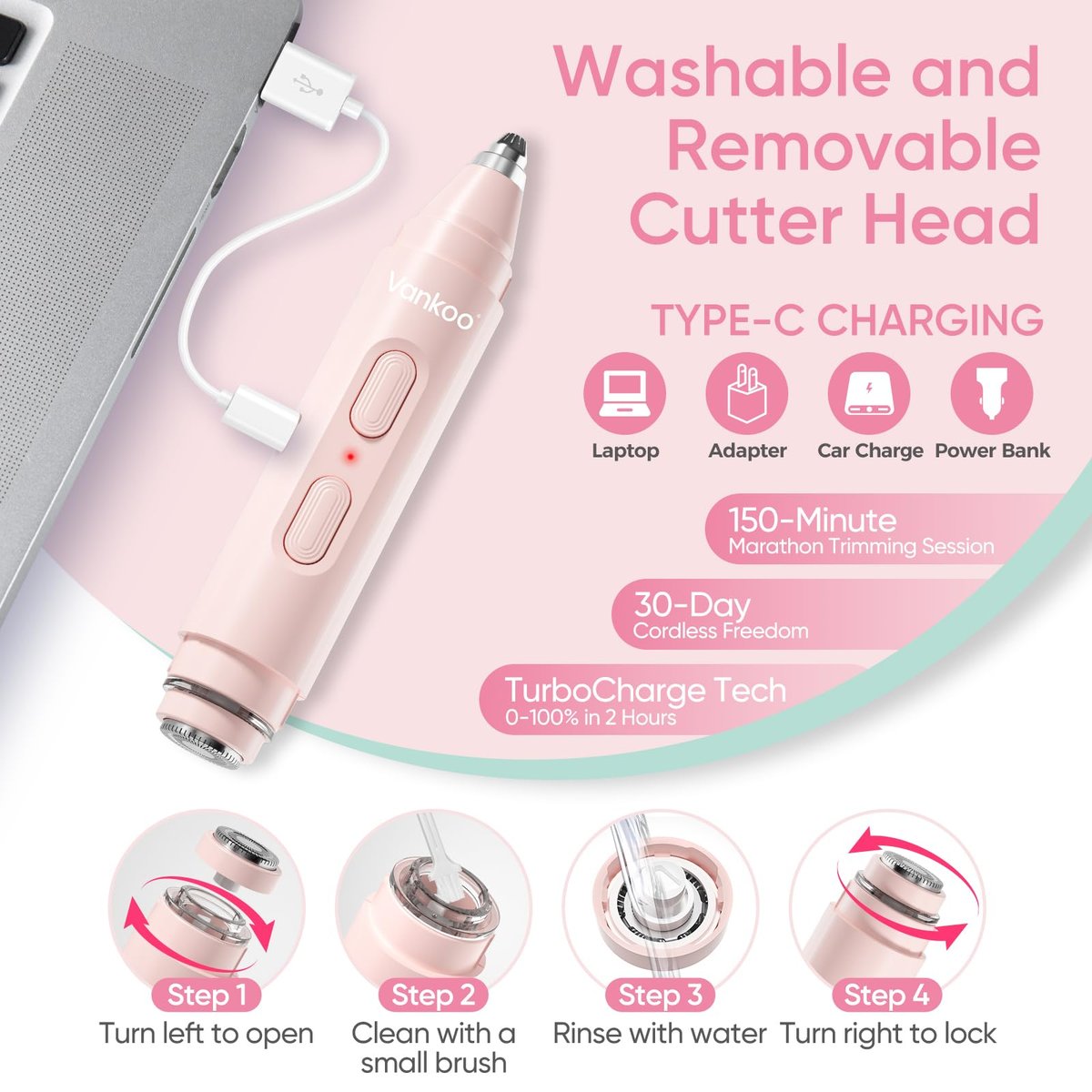 Vankoo 2-in-1 Facial Hair Remover & Eyebrow Trimmer for Women – Rechargeable Face Razor with LED Light, Painless Hair Removal for Flawless Skin & Makeup (Pink) - görsel 9