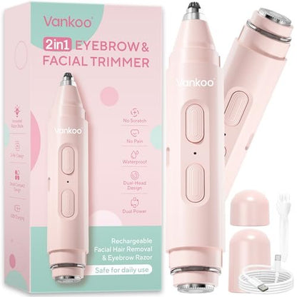 Vankoo 2-in-1 Facial Hair Remover & Eyebrow Trimmer for Women – Rechargeable Face Razor with LED Light, Painless Hair Removal for Flawless Skin & Makeup (Pink)