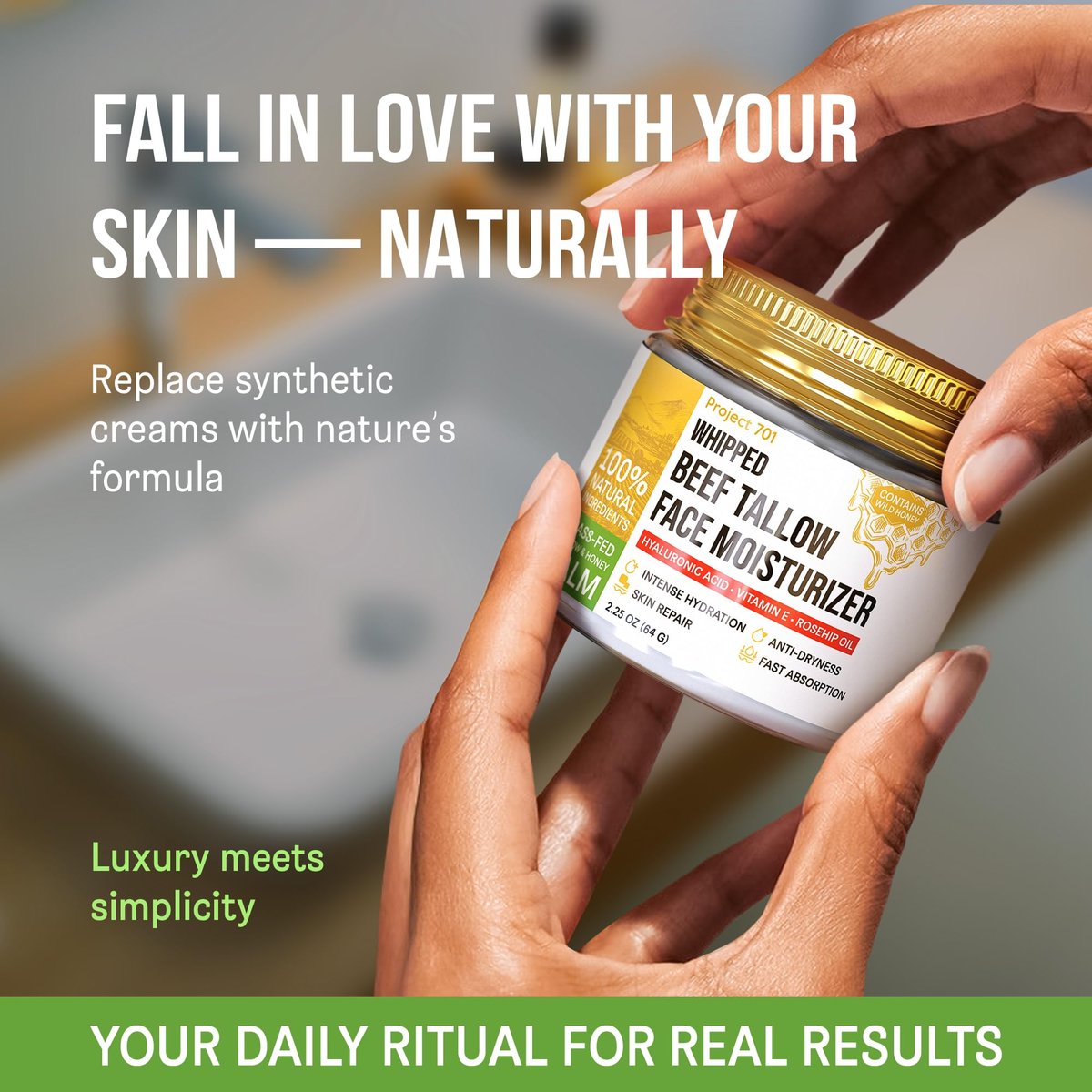 Beef Tallow for Skin and Face - Grass Fed Tallow and Honey Balm, All Natural Skin Care Moisturizer with Hyaluronic Acid - Day & Night Beef Tallow Face Cream for Dry, Sensitive Skin, Glass Jar 2.25 oz - görsel 17