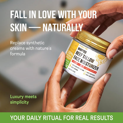 Beef Tallow for Skin and Face - Grass Fed Tallow and Honey Balm, All Natural Skin Care Moisturizer with Hyaluronic Acid - Day & Night Beef Tallow Face Cream for Dry, Sensitive Skin, Glass Jar 2.25 oz