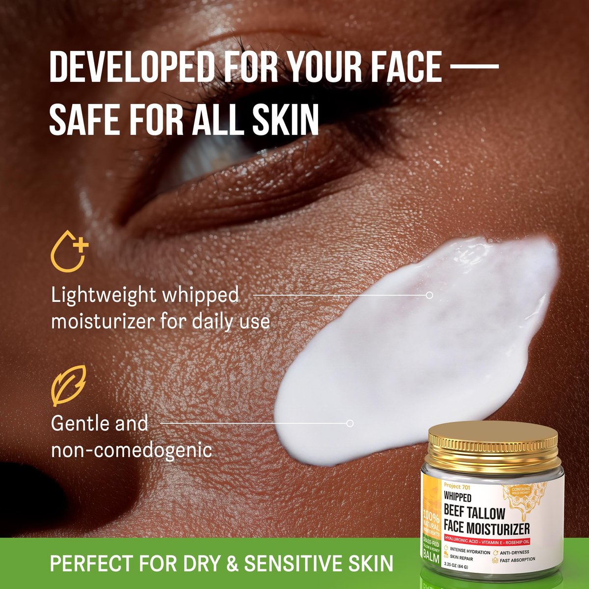 Beef Tallow for Skin and Face - Grass Fed Tallow and Honey Balm, All Natural Skin Care Moisturizer with Hyaluronic Acid - Day & Night Beef Tallow Face Cream for Dry, Sensitive Skin, Glass Jar 2.25 oz - görsel 3