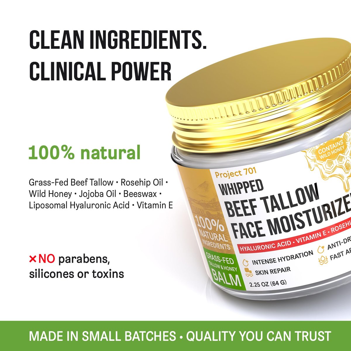 Beef Tallow for Skin and Face - Grass Fed Tallow and Honey Balm, All Natural Skin Care Moisturizer with Hyaluronic Acid - Day & Night Beef Tallow Face Cream for Dry, Sensitive Skin, Glass Jar 2.25 oz - görsel 13