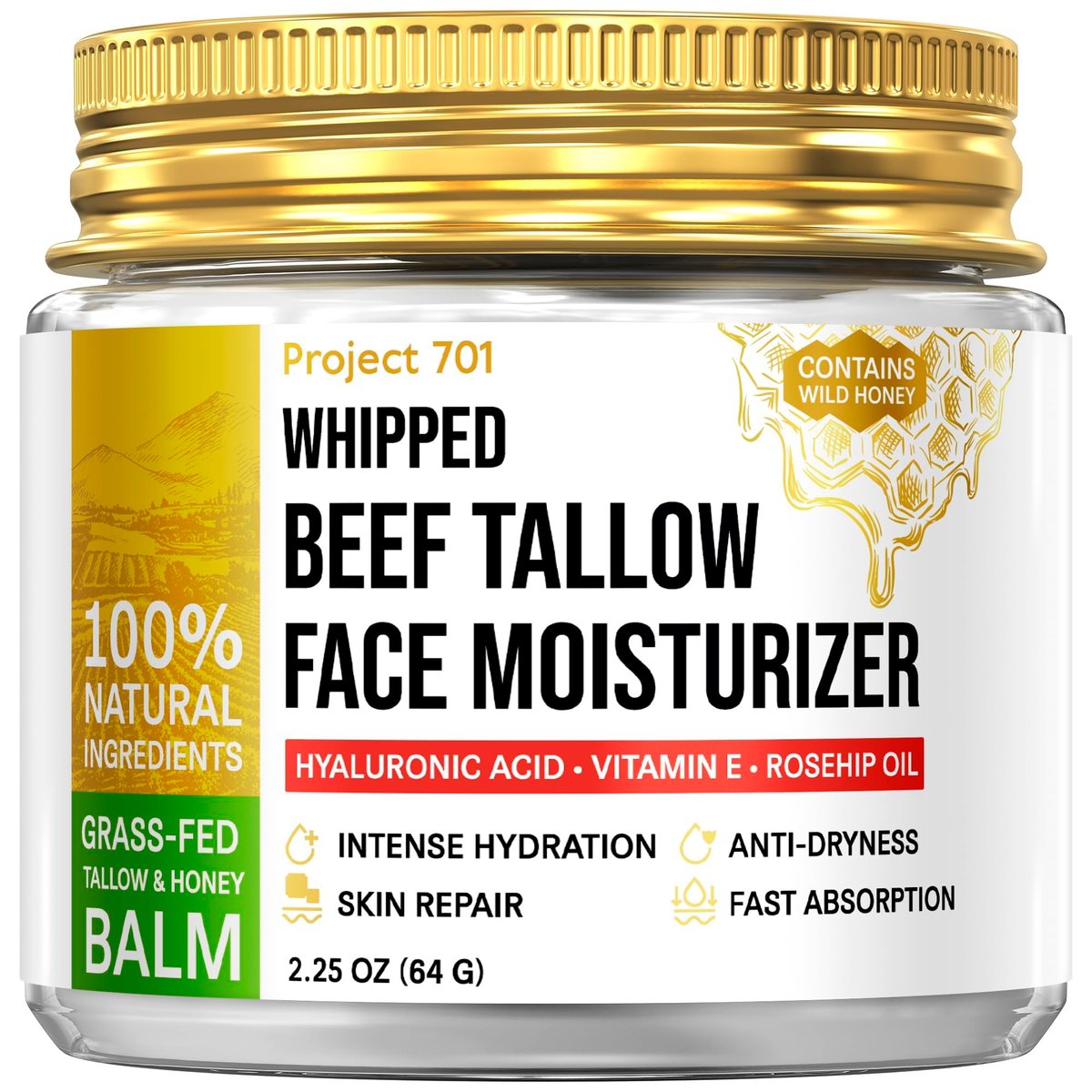 Beef Tallow for Skin and Face - Grass Fed Tallow and Honey Balm, All Natural Skin Care Moisturizer with Hyaluronic Acid - Day & Night Beef Tallow Face Cream for Dry, Sensitive Skin, Glass Jar 2.25 oz - görsel 1