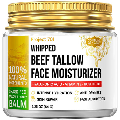 Beef Tallow for Skin and Face - Grass Fed Tallow and Honey Balm, All Natural Skin Care Moisturizer with Hyaluronic Acid - Day & Night Beef Tallow Face Cream for Dry, Sensitive Skin, Glass Jar 2.25 oz