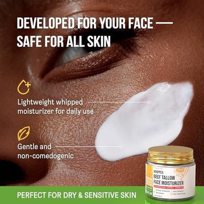 Beef Tallow for Skin and Face - Grass Fed Tallow and Honey Balm, All Natural Skin Care Moisturizer with Hyaluronic Acid - Day & Night Beef Tallow Face Cream for Dry, Sensitive Skin, Glass Jar 2.25 oz