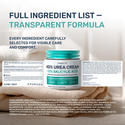Maximum Strength Urea Cream 40% for Feet – Callus Remover & Cracked Heel Repair with Salicylic Acid, Ceramides & Tea Tree Oil – Dry Foot Lotion for Diabetics, Neuropathy, 4.3 oz