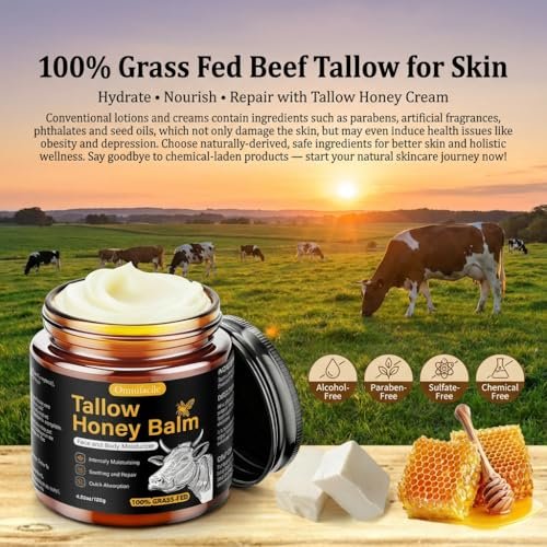 Beef Tallow for Skin, Face, Body - Handmade Whipped Tallow Moisturizer with 100% Grass-Fed Beef Tallow & Raw Honey, Natural Organic Balm for Men & Women, Unscented, 4.23 oz - görsel 8