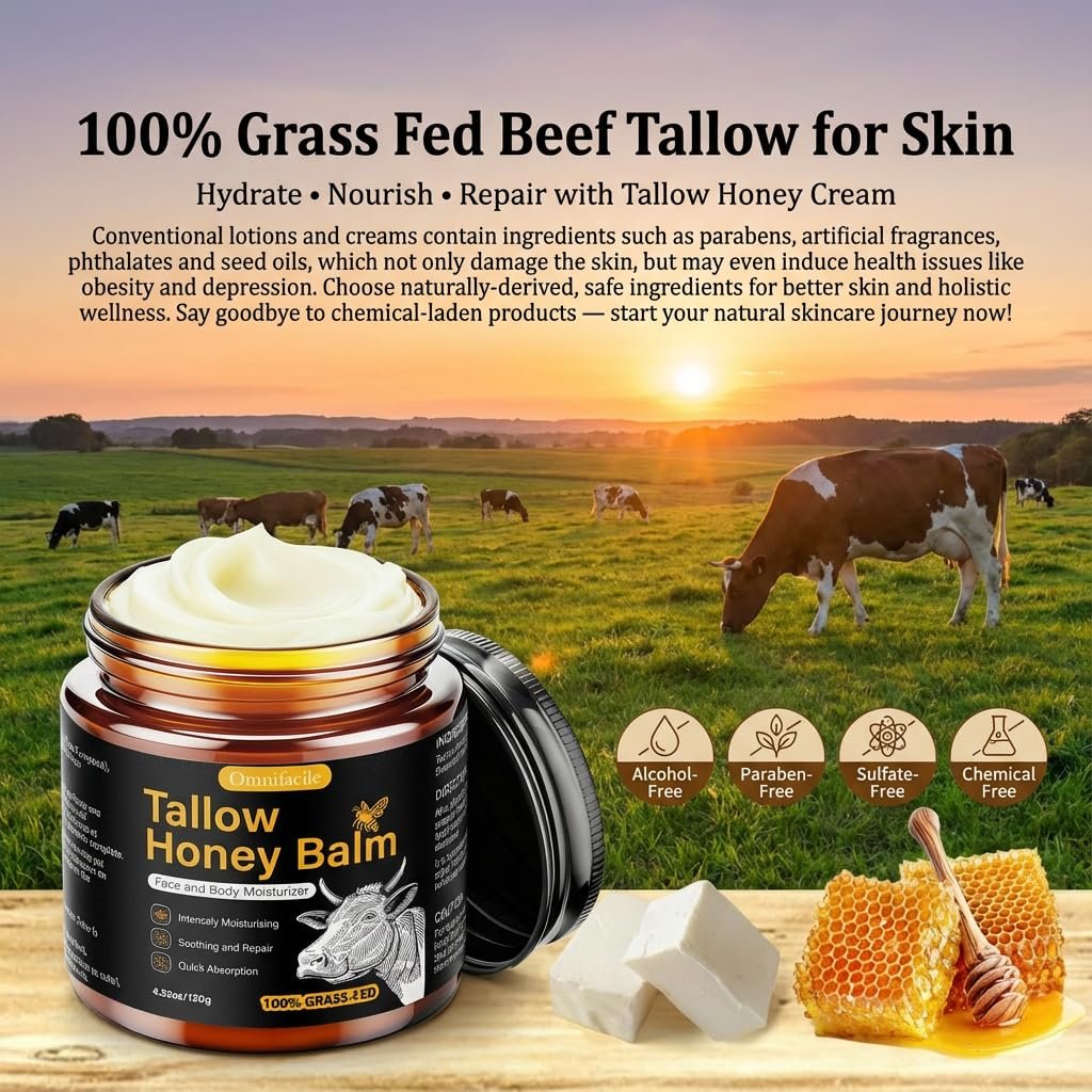 Beef Tallow for Skin, Face, Body - Handmade Whipped Tallow Moisturizer with 100% Grass-Fed Beef Tallow & Raw Honey, Natural Organic Balm for Men & Women, Unscented, 4.23 oz - görsel 7