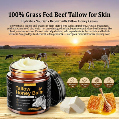 Beef Tallow for Skin, Face, Body - Handmade Whipped Tallow Moisturizer with 100% Grass-Fed Beef Tallow & Raw Honey, Natural Organic Balm for Men & Women, Unscented, 4.23 oz
