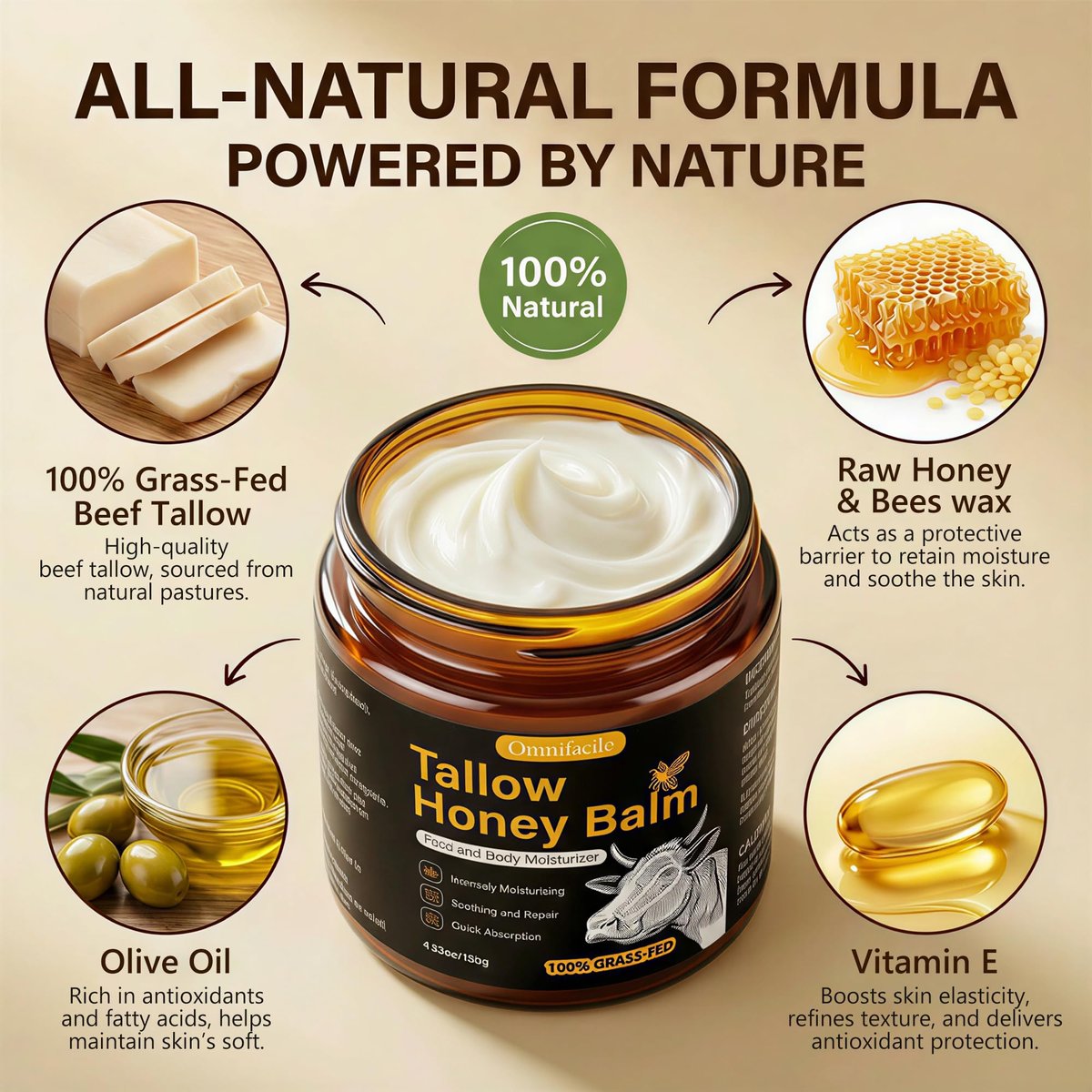 Beef Tallow for Skin, Face, Body - Handmade Whipped Tallow Moisturizer with 100% Grass-Fed Beef Tallow & Raw Honey, Natural Organic Balm for Men & Women, Unscented, 4.23 oz - görsel 5