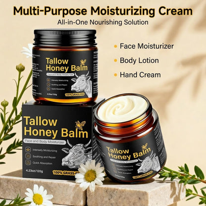 Beef Tallow for Skin, Face, Body - Handmade Whipped Tallow Moisturizer with 100% Grass-Fed Beef Tallow & Raw Honey, Natural Organic Balm for Men & Women, Unscented, 4.23 oz