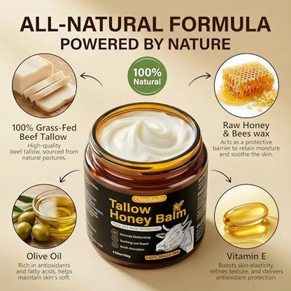 Beef Tallow for Skin, Face, Body - Handmade Whipped Tallow Moisturizer with 100% Grass-Fed Beef Tallow & Raw Honey, Natural Organic Balm for Men & Women, Unscented, 4.23 oz
