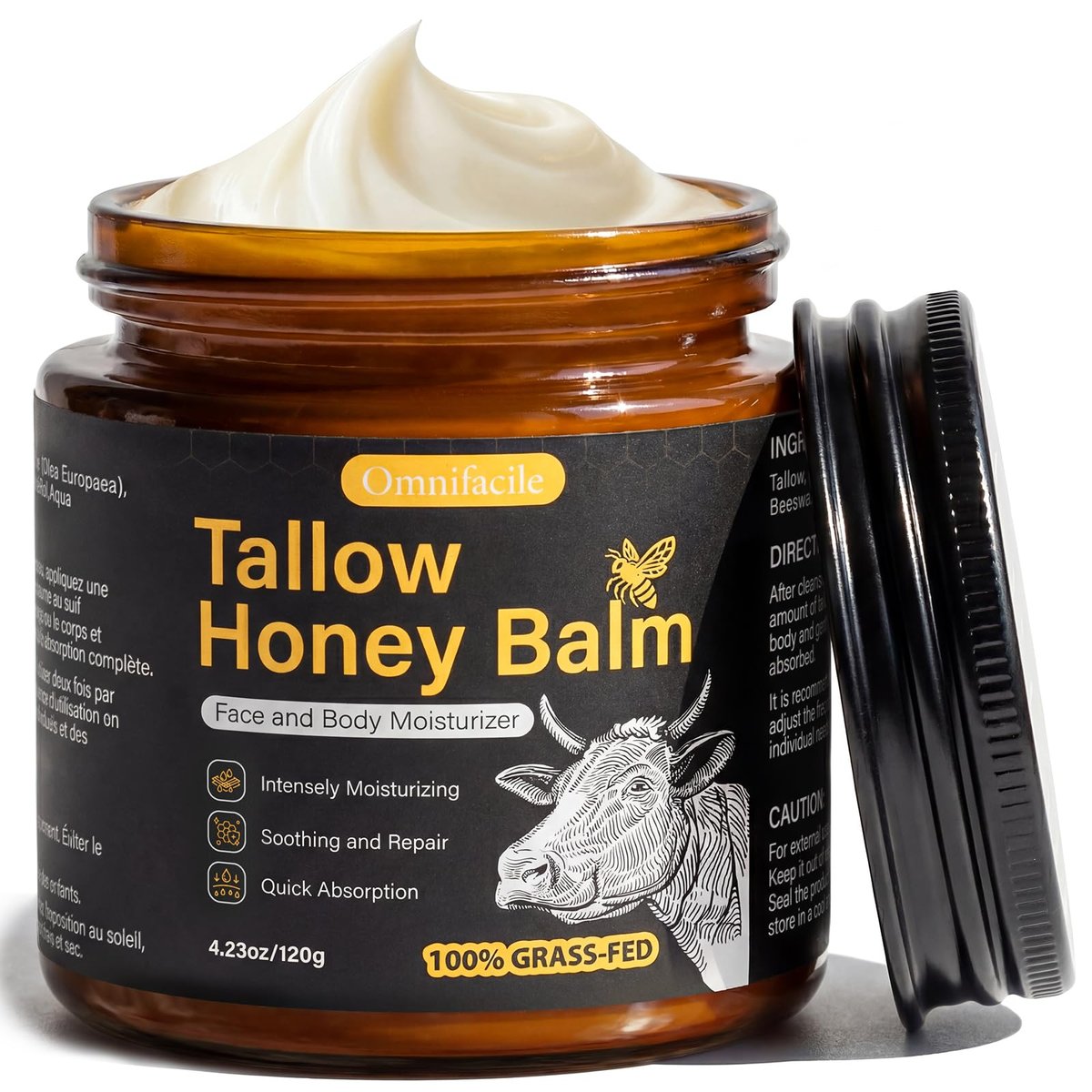 Beef Tallow for Skin, Face, Body - Handmade Whipped Tallow Moisturizer with 100% Grass-Fed Beef Tallow & Raw Honey, Natural Organic Balm for Men & Women, Unscented, 4.23 oz - görsel 1