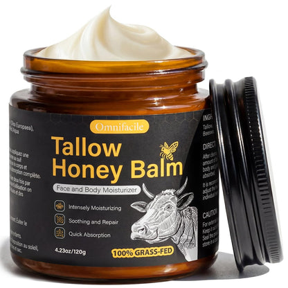 Beef Tallow for Skin, Face, Body - Handmade Whipped Tallow Moisturizer with 100% Grass-Fed Beef Tallow & Raw Honey, Natural Organic Balm for Men & Women, Unscented, 4.23 oz