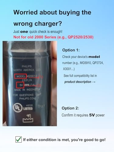 5V UL Charger for Philips Norelco OneBlade MG9525 MG9520 MG5910 QP1424 QP1624 and More, 360 Hybrid Face Shaver Cord - görsel 6