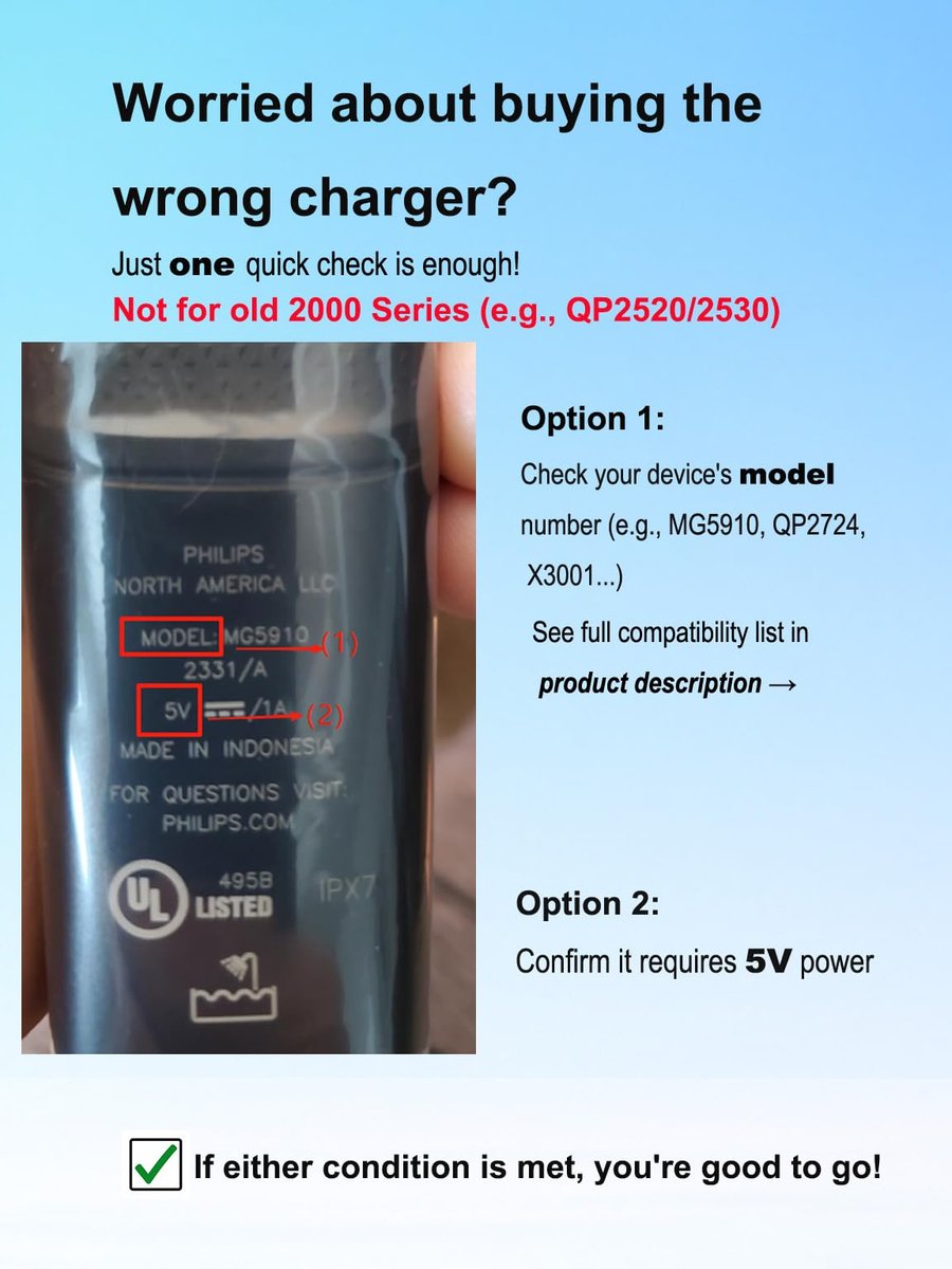 5V UL Charger for Philips Norelco OneBlade MG9525 MG9520 MG5910 QP1424 QP1624 and More, 360 Hybrid Face Shaver Cord - görsel 5