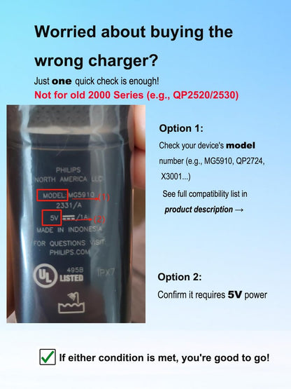 5V UL Charger for Philips Norelco OneBlade MG9525 MG9520 MG5910 QP1424 QP1624 and More, 360 Hybrid Face Shaver Cord