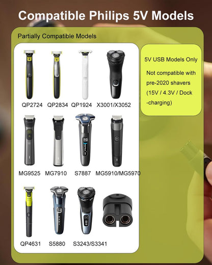 5V UL Charger for Philips Norelco OneBlade MG9525 MG9520 MG5910 QP1424 QP1624 and More, 360 Hybrid Face Shaver Cord