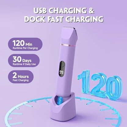 Tiovara Electric Bikini Trimmer for Women – Painless Pubic Hair Trimmer with Charging Dock, IPX7 Waterproof Wet & Dry Lady Shaver for Legs, Underarms, Body (Lilac) Avelisse