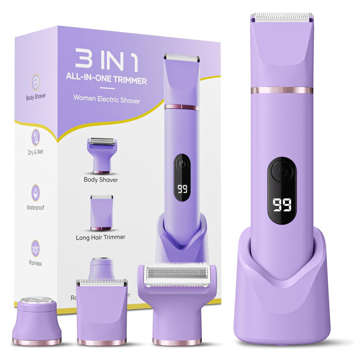 Tiovara Electric Bikini Trimmer for Women – Painless Pubic Hair Trimmer with Charging Dock, IPX7 Waterproof Wet & Dry Lady Shaver for Legs, Underarms, Body (Lilac) Avelisse