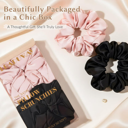 2 Pack Silky Scrunchies - No Damage Pillow Scrunchies, Silk-Like Soft Oversized Hair Ties for Sleeping, Curly Thick or Thin Hair (Pink & Black)