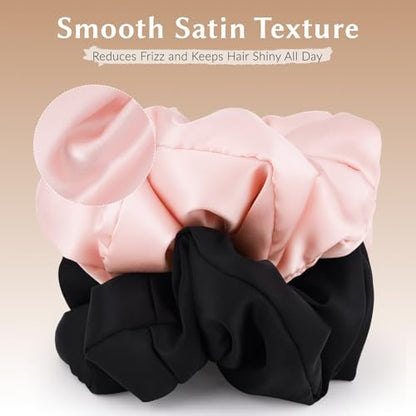 2 Pack Silky Scrunchies - No Damage Pillow Scrunchies, Silk-Like Soft Oversized Hair Ties for Sleeping, Curly Thick or Thin Hair (Pink & Black)