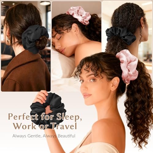 2 Pack Silky Scrunchies - No Damage Pillow Scrunchies, Silk-Like Soft Oversized Hair Ties for Sleeping, Curly Thick or Thin Hair (Pink & Black) - görsel 10