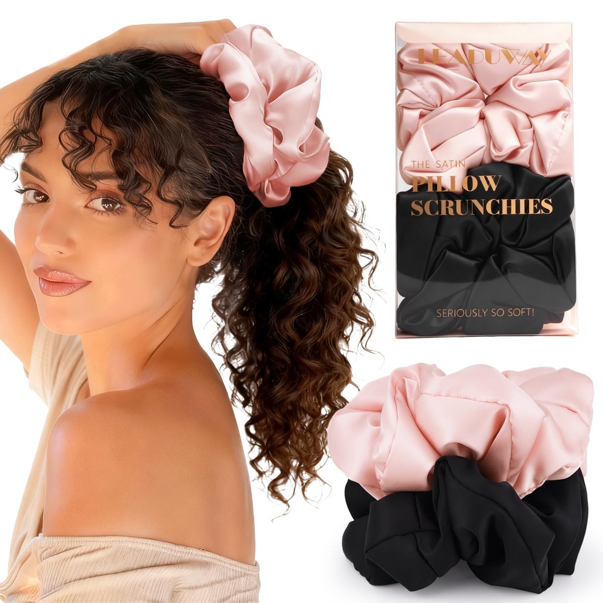 2 Pack Silky Scrunchies - No Damage Pillow Scrunchies, Silk-Like Soft Oversized Hair Ties for Sleeping, Curly Thick or Thin Hair (Pink & Black) - görsel 1
