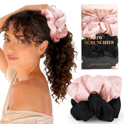 2 Pack Silky Scrunchies - No Damage Pillow Scrunchies, Silk-Like Soft Oversized Hair Ties for Sleeping, Curly Thick or Thin Hair (Pink & Black) - görsel 2