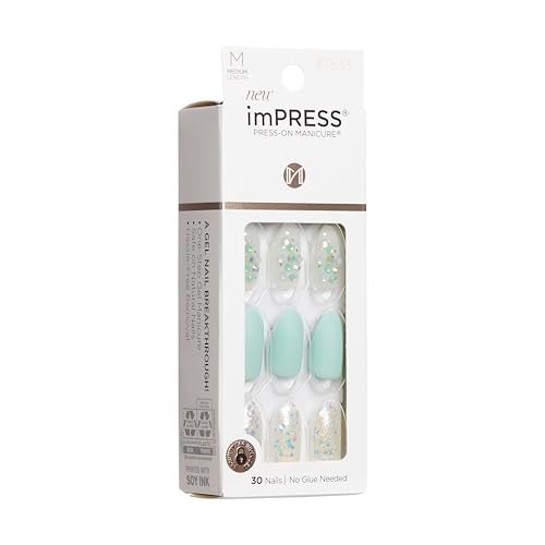 KISS Impress Press-On Manicure Fake Nails - Evergreen, Medium Length Almond Shape, Mint Green with Glitter Design - 30 Nails, Prep Pad, Mini File & Manicure Stick - görsel 8