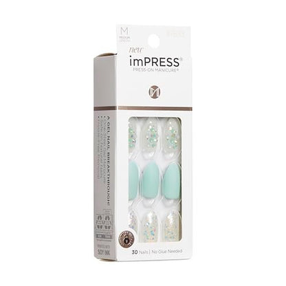 KISS Impress Press-On Manicure Fake Nails - Evergreen, Medium Length Almond Shape, Mint Green with Glitter Design - 30 Nails, Prep Pad, Mini File & Manicure Stick