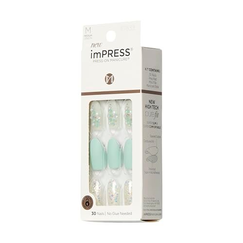 KISS Impress Press-On Manicure Fake Nails - Evergreen, Medium Length Almond Shape, Mint Green with Glitter Design - 30 Nails, Prep Pad, Mini File & Manicure Stick - görsel 10