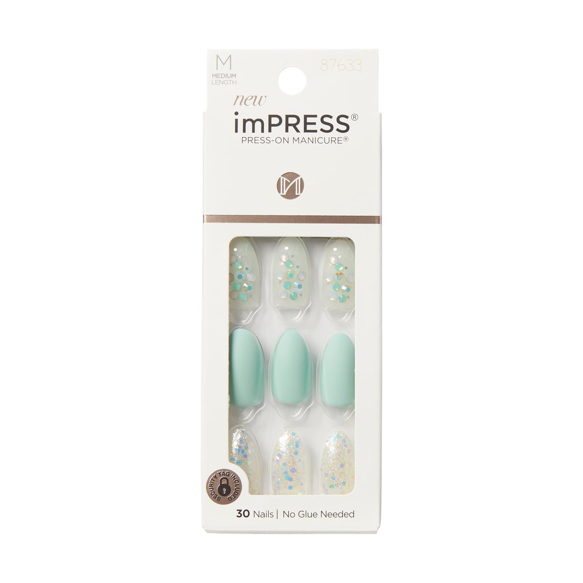 KISS Impress Press-On Manicure Fake Nails - Evergreen, Medium Length Almond Shape, Mint Green with Glitter Design - 30 Nails, Prep Pad, Mini File & Manicure Stick - görsel 1