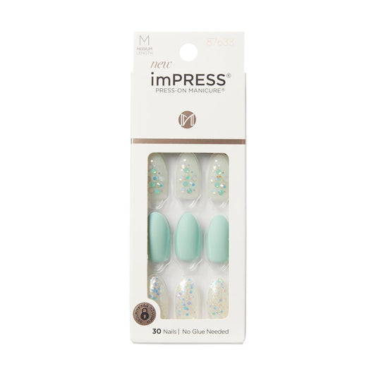 KISS Impress Press-On Manicure Fake Nails - Evergreen, Medium Length Almond Shape, Mint Green with Glitter Design - 30 Nails, Prep Pad, Mini File & Manicure Stick