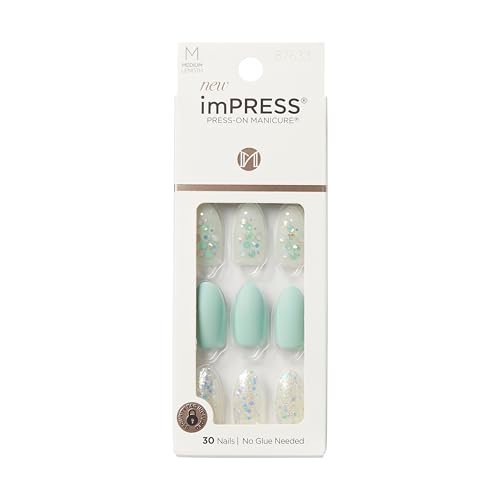 KISS Impress Press-On Manicure Fake Nails - Evergreen, Medium Length Almond Shape, Mint Green with Glitter Design - 30 Nails, Prep Pad, Mini File & Manicure Stick - görsel 2