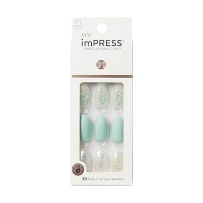 KISS Impress Press-On Manicure Fake Nails - Evergreen, Medium Length Almond Shape, Mint Green with Glitter Design - 30 Nails, Prep Pad, Mini File & Manicure Stick