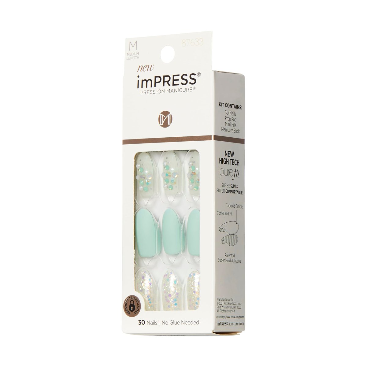 KISS Impress Press-On Manicure Fake Nails - Evergreen, Medium Length Almond Shape, Mint Green with Glitter Design - 30 Nails, Prep Pad, Mini File & Manicure Stick - görsel 9