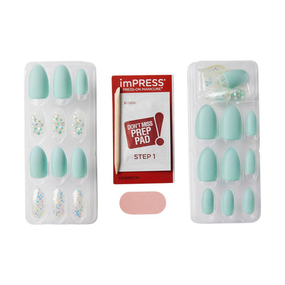 KISS Impress Press-On Manicure Fake Nails - Evergreen, Medium Length Almond Shape, Mint Green with Glitter Design - 30 Nails, Prep Pad, Mini File & Manicure Stick
