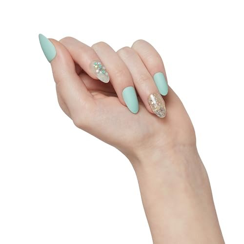 KISS Impress Press-On Manicure Fake Nails - Evergreen, Medium Length Almond Shape, Mint Green with Glitter Design - 30 Nails, Prep Pad, Mini File & Manicure Stick - görsel 4