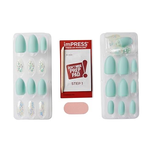 KISS Impress Press-On Manicure Fake Nails - Evergreen, Medium Length Almond Shape, Mint Green with Glitter Design - 30 Nails, Prep Pad, Mini File & Manicure Stick - görsel 6