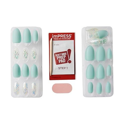 KISS Impress Press-On Manicure Fake Nails - Evergreen, Medium Length Almond Shape, Mint Green with Glitter Design - 30 Nails, Prep Pad, Mini File & Manicure Stick